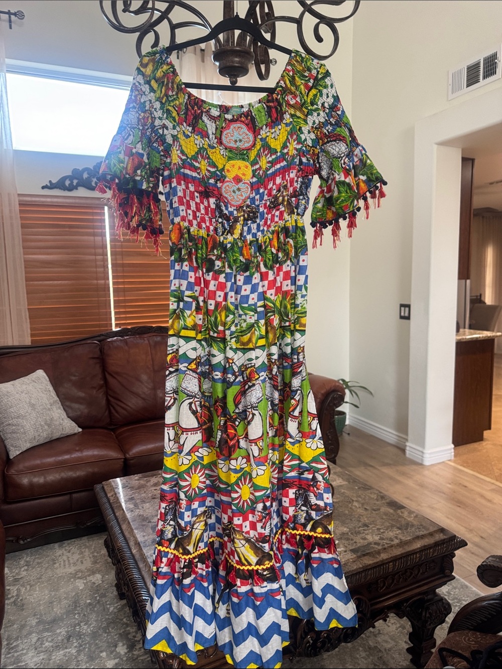 Colorful Multicolor Maxi Dress with Tassel Sleeves